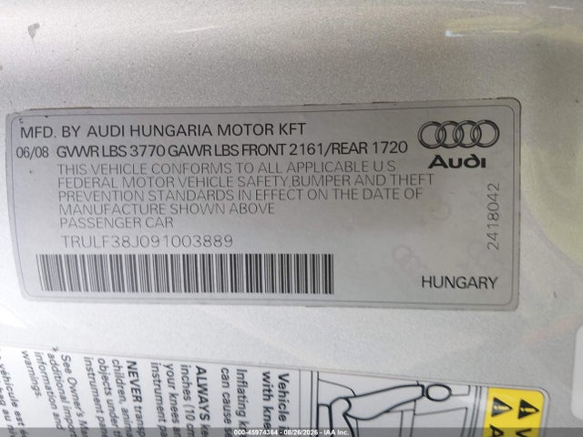 45974364 :رقم المزاد ، TRULF38J091003889 vin ، 2009 Audi Tt 2.0t مزاد بيع