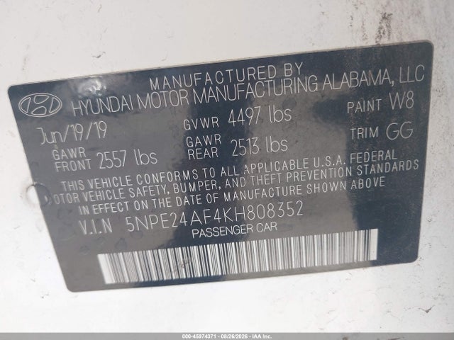 45974371 :رقم المزاد ، 5NPE24AF4KH808352 vin ، 2019 Hyundai Sonata Se مزاد بيع