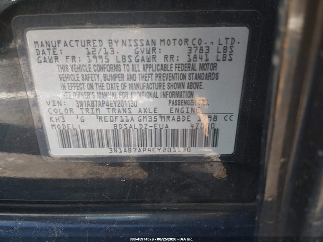 Aukcja sprzedaży 2014 Nissan Sentra Fe+ S/fe+ Sv/s/sl/sr/sv, vin: 3N1AB7AP4EY201130, numer aukcji: 45974376