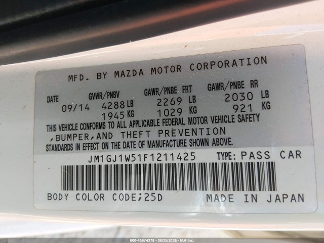 2015 Mazda Mazda6 I Grand Touring მანქანა იყიდება აუქციონზე, vin: JM1GJ1W51F1211425, აუქციონის ნომერი: 45974378