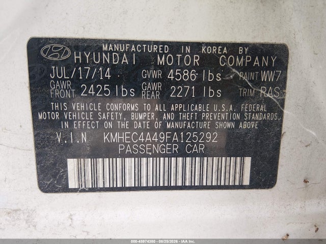 2015 Hyundai Sonata Hybrid Limited მანქანა იყიდება აუქციონზე, vin: KMHEC4A49FA125292, აუქციონის ნომერი: 45974380