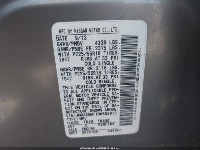 Продаж на аукціоні авто 2013 Nissan Rogue Sv W/sl Pkg, vin: JN8AS5MT1DW553912, номер лоту: 45974388