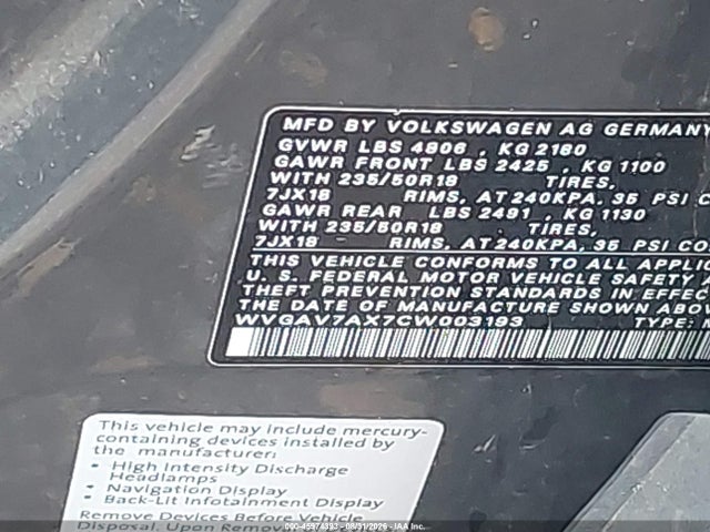 Продажа на аукционе авто 2012 Volkswagen Tiguan Se, vin: WVGAV7AX7CW003193, номер лота: 45974393