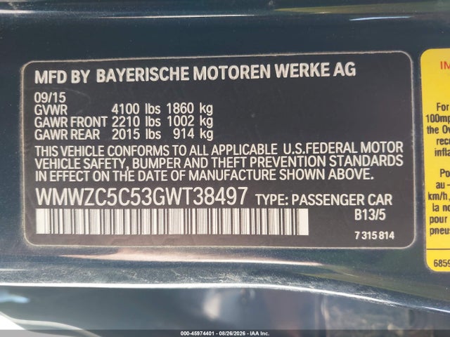 45974401 :رقم المزاد ، WMWZC5C53GWT38497 vin ، 2016 Mini Countryman Cooper S مزاد بيع