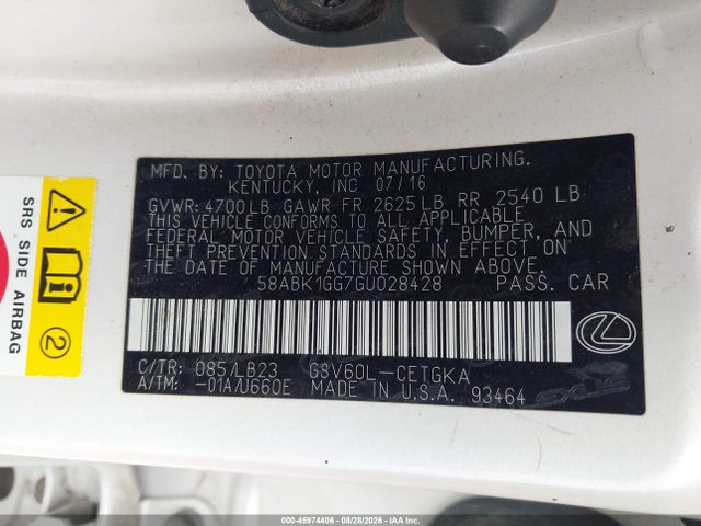 Продаж на аукціоні авто 2016 Lexus Es 350, vin: 58ABK1GG7GU028428, номер лоту: 45974406