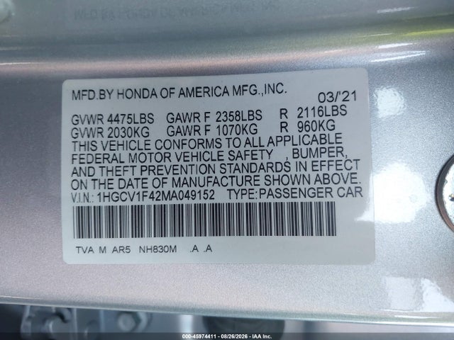 45974411 :رقم المزاد ، 1HGCV1F42MA049152 vin ، 2021 Honda Accord Sport Special Edition مزاد بيع