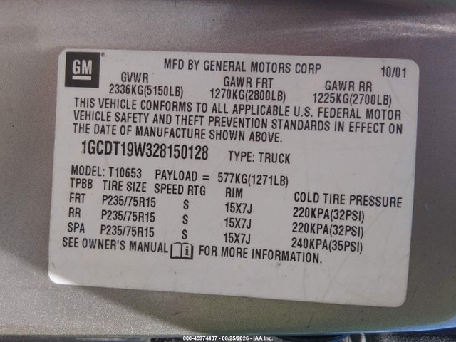 45974437 :رقم المزاد ، 1GCDT19W328150128 vin ، 2002 Chevrolet S-10 Ls مزاد بيع