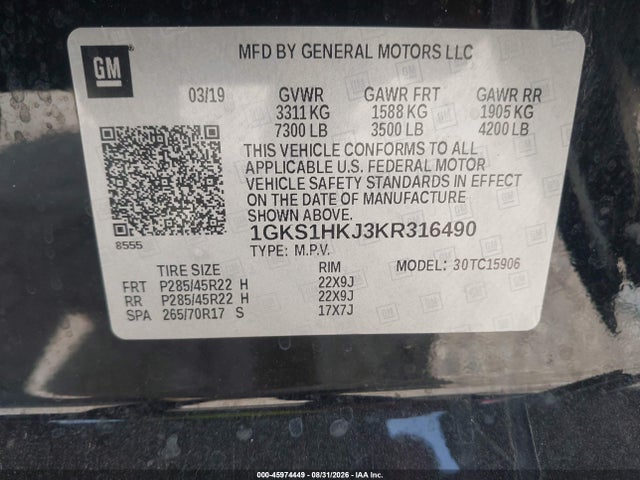 1GKS1HKJ3KR316490 GMC YUKON XL DENALI