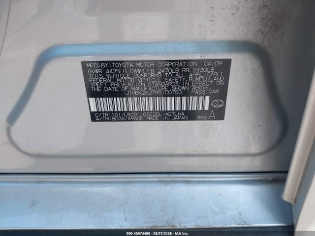 Продажа на аукционе авто 2009 Lexus Is 250, vin: JTHBK262795100750, номер лота: 45974450