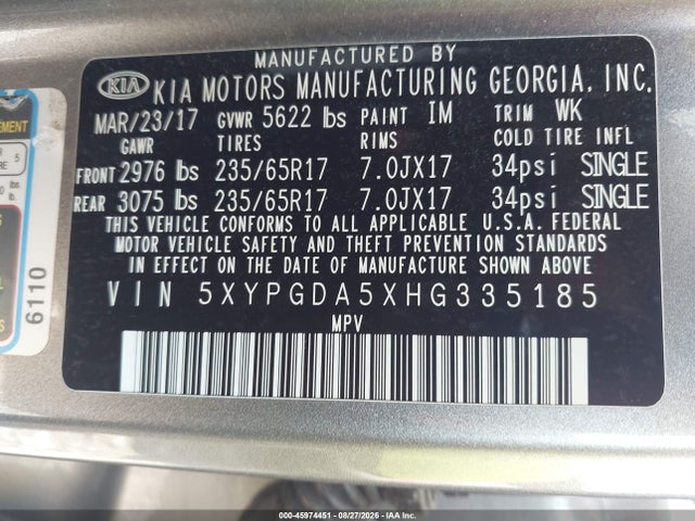 Aukcja sprzedaży 2017 Kia Sorento 3.3l Lx, vin: 5XYPGDA5XHG335185, numer aukcji: 45974451