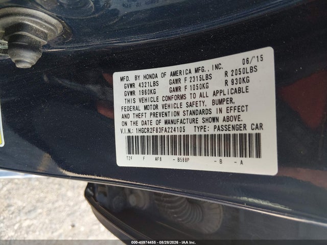 2015 Honda Accord Ex-l მანქანა იყიდება აუქციონზე, vin: 1HGCR2F83FA224105, აუქციონის ნომერი: 45974455