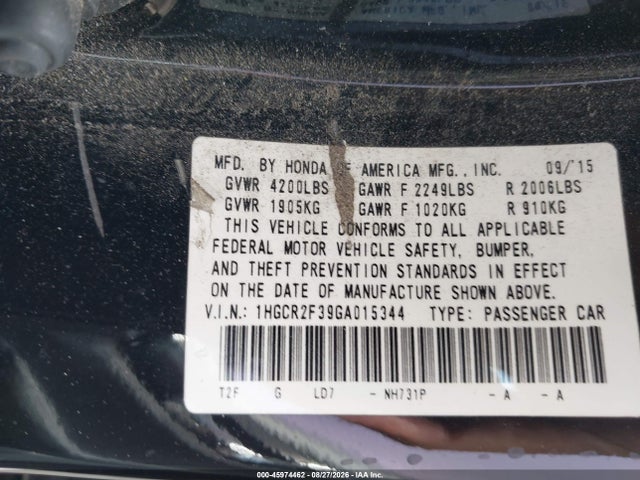Honda ACCORD LX 2016 1HGCR2F39GA015344 Image 9