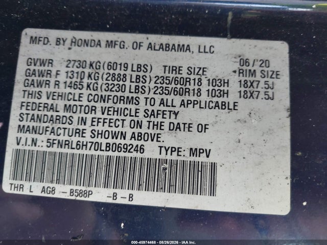 5FNRL6H70LB069246 Honda Odyssey Ex-l/ex-l W/navi Res