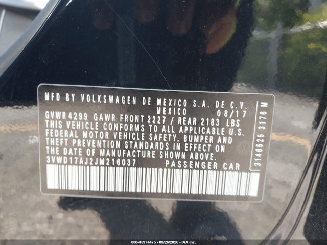 2018 Volkswagen Jetta 1.8t Se Sport მანქანა იყიდება აუქციონზე, vin: 3VWD17AJ2JM216037, აუქციონის ნომერი: 45974475