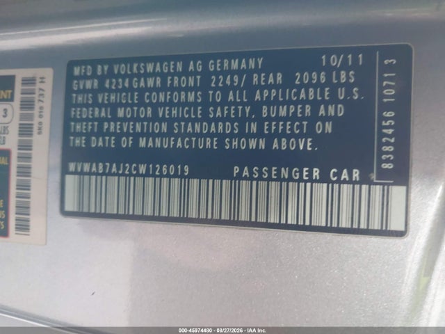 Aukcja sprzedaży 2012 Volkswagen Golf, vin: WVWAB7AJ2CW126019, numer aukcji: 45974480