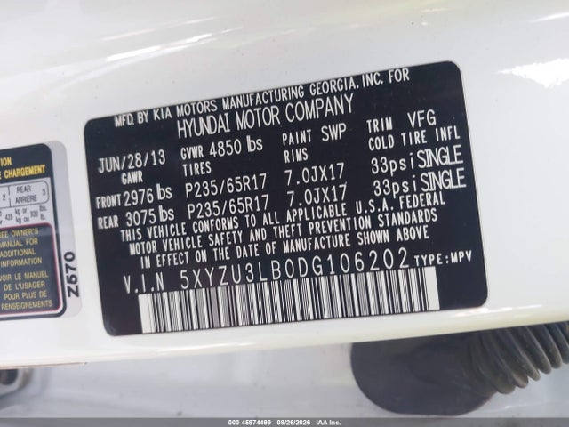 45974499 :رقم المزاد ، 5XYZU3LB0DG106202 vin ، 2013 Hyundai Santa Fe Sport مزاد بيع