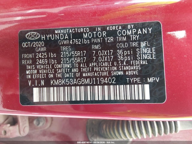 45974514 :رقم المزاد ، KM8K53AG8MU119402 vin ، 2021 Hyundai Kona Electric Ultimate مزاد بيع