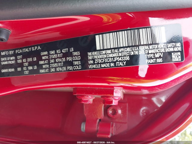 2018 Fiat 500x Trekking Fwd მანქანა იყიდება აუქციონზე, vin: ZFBCFXCB1JP643356, აუქციონის ნომერი: 45974527