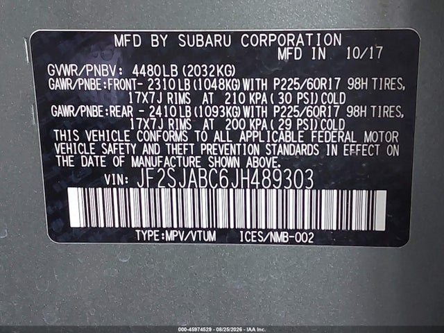 Продажа на аукционе авто 2018 Subaru Forester 2.5i, vin: JF2SJABC6JH489303, номер лота: 45974529
