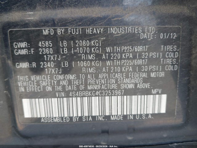 Продажа на аукционе авто 2012 Subaru Outback 2.5i Limited, vin: 4S4BRBKC4C3253967, номер лота: 45974530