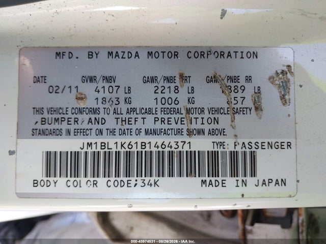 Продажа на аукционе авто 2011 Mazda Mazda3 S Sport, vin: JM1BL1K61B1464371, номер лота: 45974531