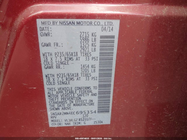 Продажа на аукционе авто 2014 Nissan Pathfinder Sl, vin: 5N1AR2MN4EC695354, номер лота: 45974535