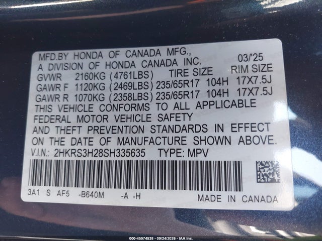 Продажа на аукционе авто 2025 Honda Cr-v Lx 2wd, vin: 2HKRS3H28SH335635, номер лота: 45974538
