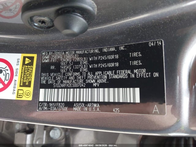 Aukcja sprzedaży 2014 Toyota Highlander Le, vin: 5TDZARFH2ES007042, numer aukcji: 45974542