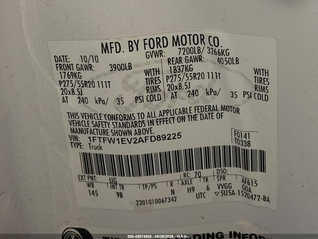 Aukcja sprzedaży 2010 Ford F-150 Fx4/harley-davidson/king Ranch/lariat/platinum/xl/xlt, vin: 1FTFW1EV2AFD89225, numer aukcji: 45974556