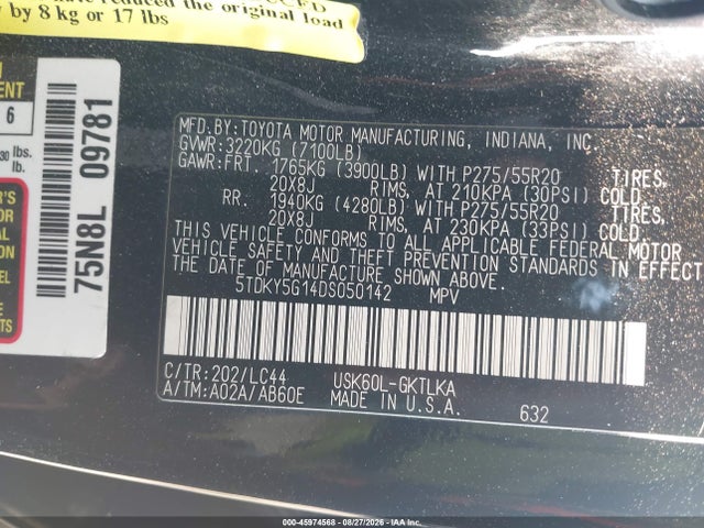2013 Toyota Sequoia Limited 5.7l V8 მანქანა იყიდება აუქციონზე, vin: 5TDKY5G14DS050142, აუქციონის ნომერი: 45974568