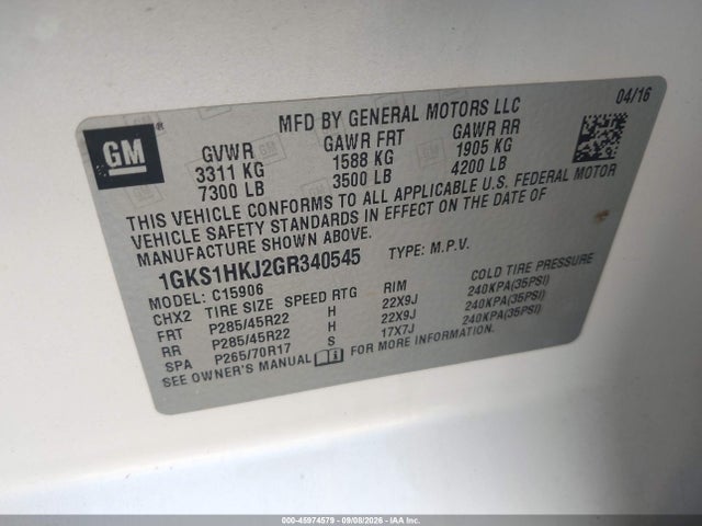 2016 Gmc Yukon Xl Denali მანქანა იყიდება აუქციონზე, vin: 1GKS1HKJ2GR340545, აუქციონის ნომერი: 45974579