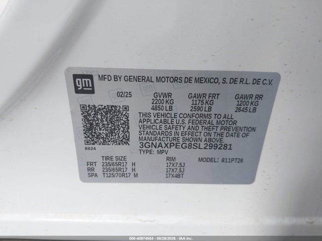 Продажа на аукционе авто 2025 Chevrolet Equinox Awd Lt, vin: 3GNAXPEG8SL299281, номер лота: 45974584