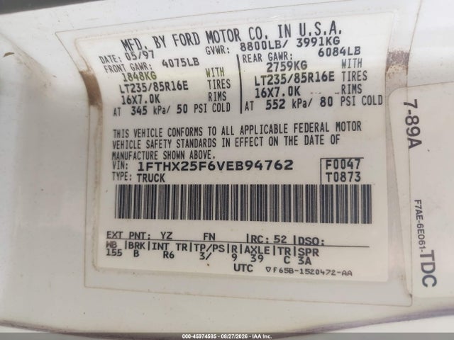 Aukcja sprzedaży 1997 Ford F-250 Xl, vin: 1FTHX25F6VEB94762, numer aukcji: 45974585