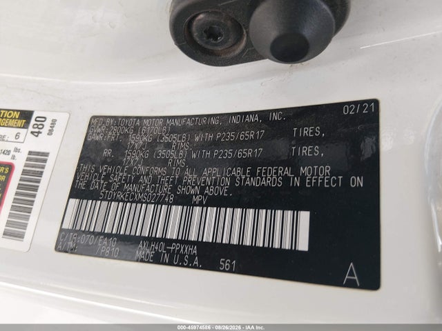 2021 Toyota Sienna Xle მანქანა იყიდება აუქციონზე, vin: 5TDYRKECXMS027748, აუქციონის ნომერი: 45974586