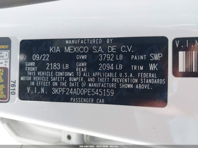 45974602 :رقم المزاد ، 3KPF24AD0PE545159 vin ، 2023 Kia Forte Lxs مزاد بيع