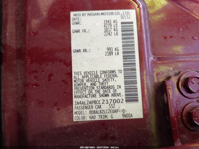 2012 Nissan Altima 2.5 S მანქანა იყიდება აუქციონზე, vin: 1N4AL2AP8CC217002, აუქციონის ნომერი: 45974604
