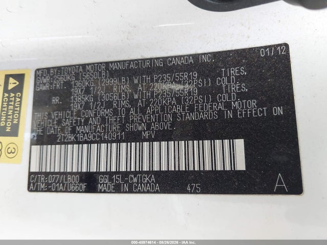 Aukcja sprzedaży 2012 Lexus Rx 350, vin: 2T2BK1BA9CC140911, numer aukcji: 45974614