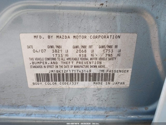 45974616 :رقم المزاد ، JM1BK12F171743149 vin ، 2007 Mazda 3 I مزاد بيع