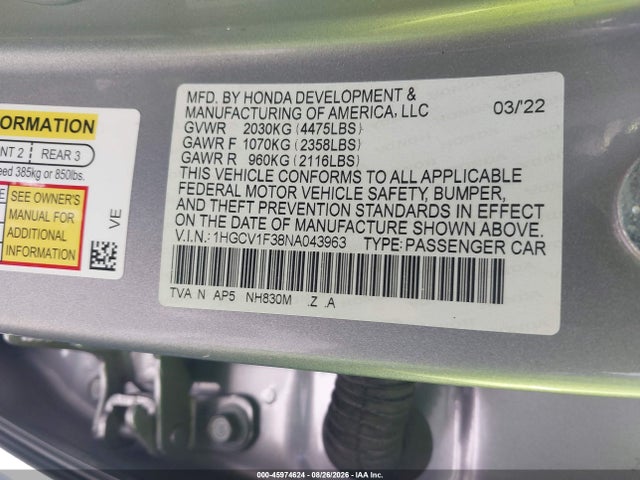 Продаж на аукціоні авто 2022 Honda Accord Sport, vin: 1HGCV1F38NA043963, номер лоту: 45974624