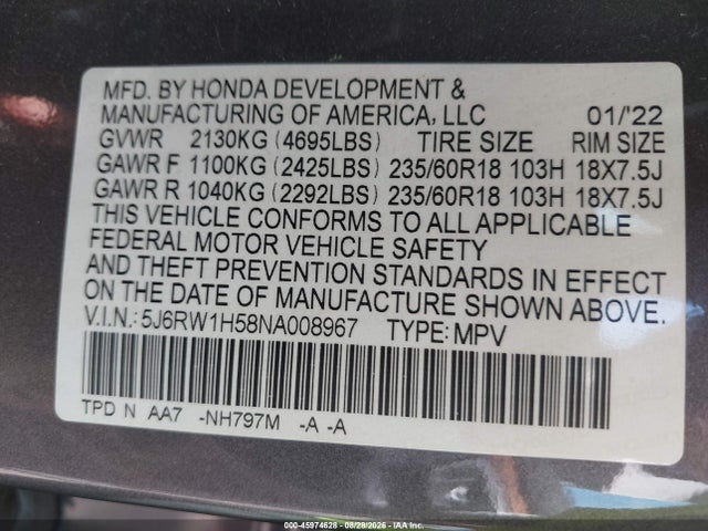 Honda Cr-v 2wd Ex 2022 5J6RW1H58NA008967 Image 9