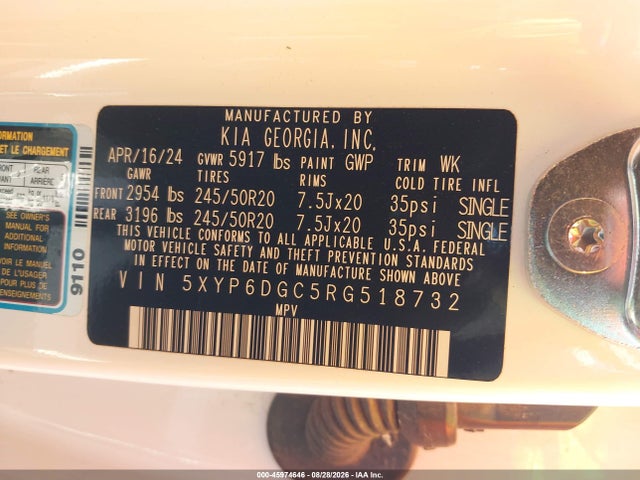 45974646 :رقم المزاد ، 5XYP6DGC5RG518732 vin ، 2024 Kia Telluride S مزاد بيع