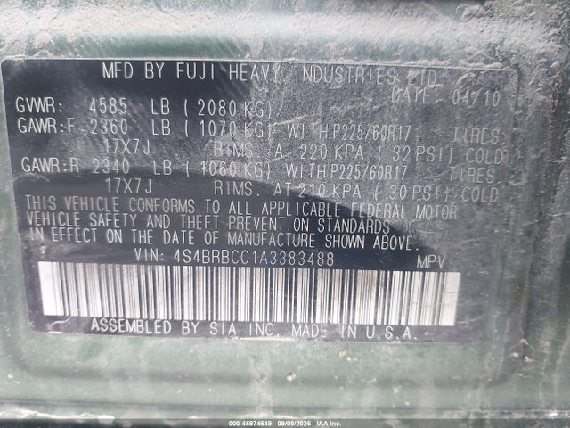 45974649 :رقم المزاد ، 4S4BRBCC1A3383488 vin ، 2010 Subaru Outback 2.5i Premium مزاد بيع