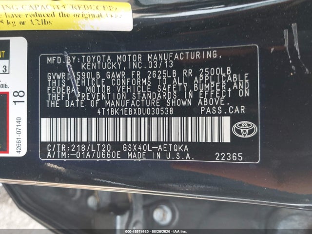 Продажа на аукционе авто 2013 Toyota Avalon Xle Touring, vin: 4T1BK1EBXDU030538, номер лота: 45974660