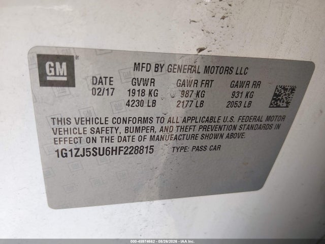45974662 :رقم المزاد ، 1G1ZJ5SU6HF228815 vin ، 2017 Chevrolet Malibu Hybrid مزاد بيع