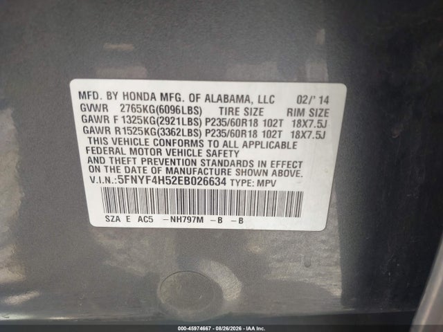 2014 Honda Pilot Ex-l მანქანა იყიდება აუქციონზე, vin: 5FNYF4H52EB026634, აუქციონის ნომერი: 45974667