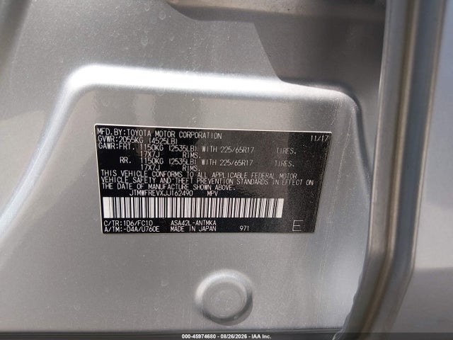 45974680 :رقم المزاد ، JTMWFREVXJJ162490 vin ، 2018 Toyota Rav4 Xle مزاد بيع