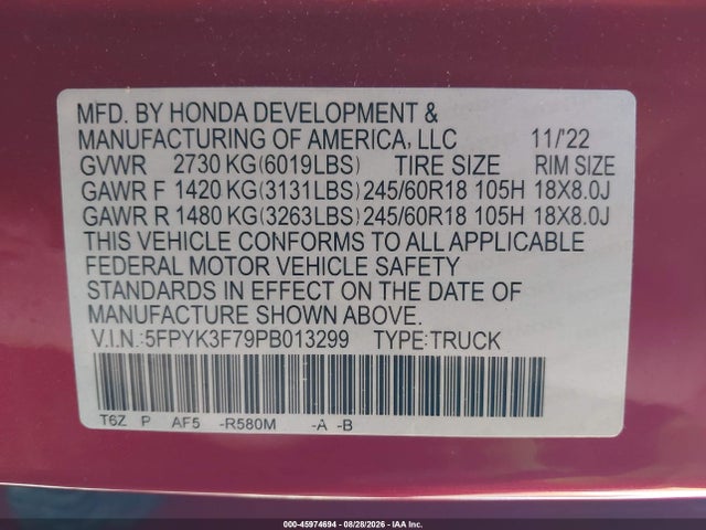 Aukcja sprzedaży 2023 Honda Ridgeline Rtl-e, vin: 5FPYK3F79PB013299, numer aukcji: 45974694