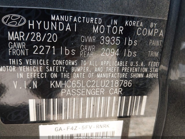 2020 Hyundai Ioniq Hybrid Blue მანქანა იყიდება აუქციონზე, vin: KMHC65LC2LU218786, აუქციონის ნომერი: 45974713