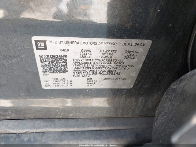 Aukcja sprzedaży 2019 Chevrolet Trax Lt, vin: 3GNCJLSB4KL365143, numer aukcji: 45974715