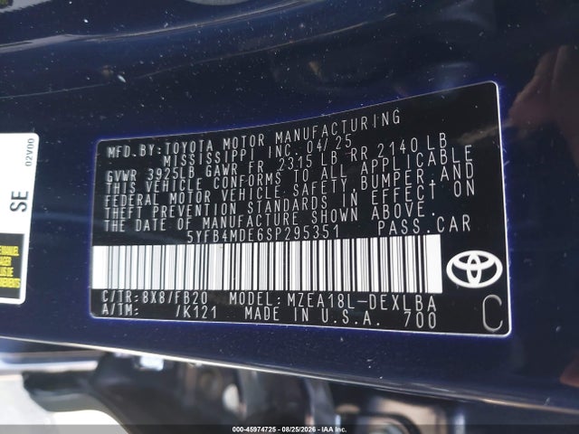 Продажа на аукционе авто 2025 Toyota Corolla Le, vin: 5YFB4MDE6SP295351, номер лота: 45974725